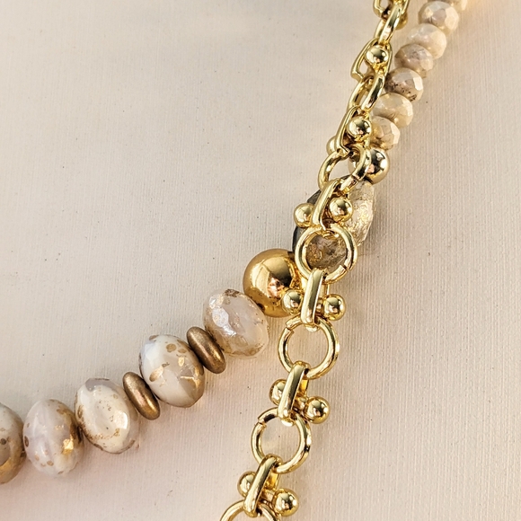 Artisan White & Gold Rustic Crystal & Glass In Two Strand Necklace W/ Pendants - Picture 7 of 12